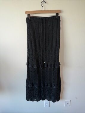 Solitaire Black Crochet Tiered Maxi Skirt Drawstring Lined